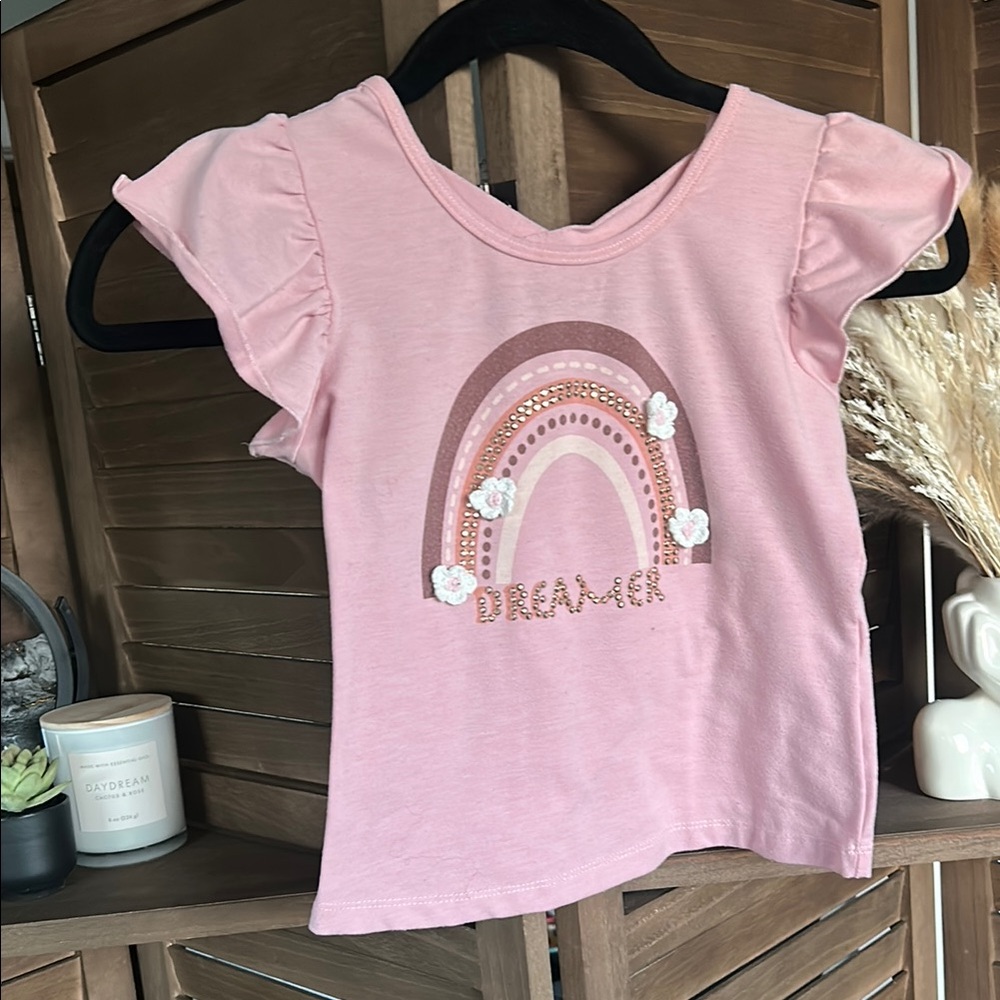 Pink Ruffle Sleeve Tee with Rainbow Design